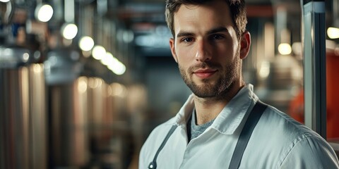 Self assured male worker at a manufacturing plant exhibits confidence in his role within the industrial setting, showcasing a strong presence in the workplace environment.