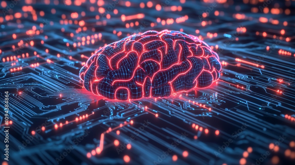 Poster exploring the intersection of technology and neuroscience a digital brain on a circuit board abstrac