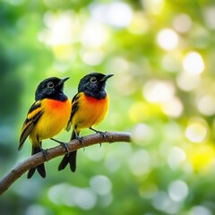 Two Colorful Birds Perched on a Branch Amidst a Soft Green Background, Capturing the Beauty of Nature and the Splendor of Avian Life in a Vibrant Setting