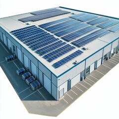 Solar panels atop a warehouse building.