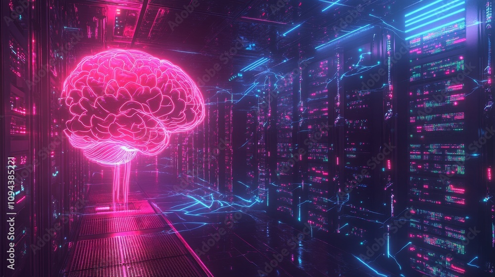 Poster digital brain visualization data center 3d artwork neon environment futuristic viewpoint artificial 