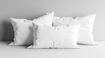 Three soft, white pillows stacked on a minimalist surface against a pale background.