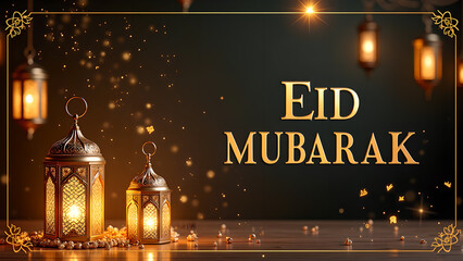 Eid Mubarak greeting card with lanterns and golden confetti