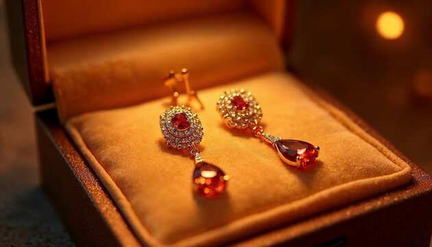 Convertible and Versatile Pieces. Elegant ruby and gold earrings displayed in a luxurious velvet box under soft ambient lighting