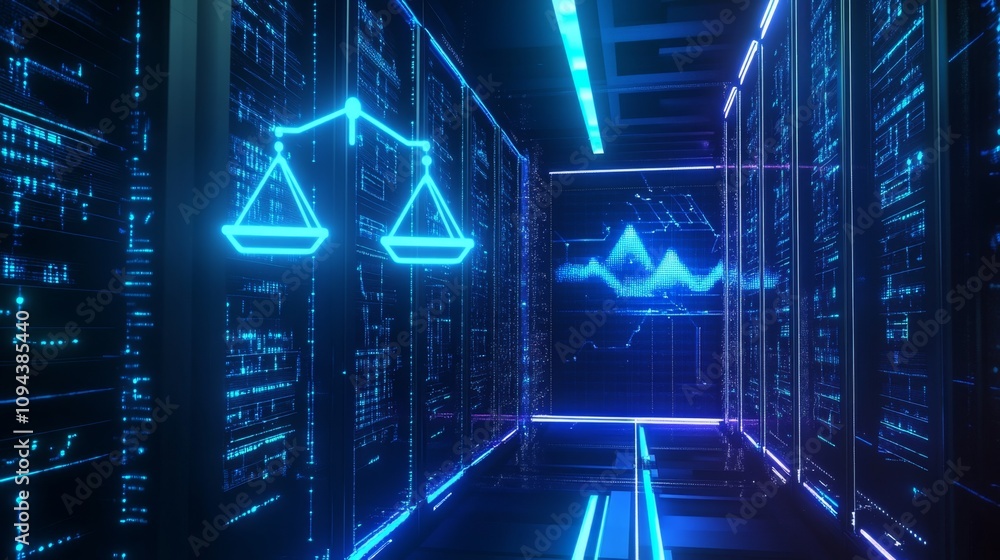Aufkleber digital justice exploring the intersection of technology and law in a futuristic data center environ