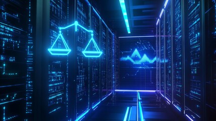Obraz premium Digital justice exploring the intersection of technology and law in a futuristic data center environment