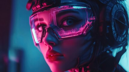Anime style Girl face Cyborg cosplay in cyberpunk Synthwave technology background wallpaper AI generated image