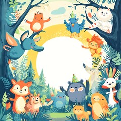 Fototapeta premium Playful cartoon animals birthday card frame with large blank center, cute forest creatures, rainbow colors, cheerful design