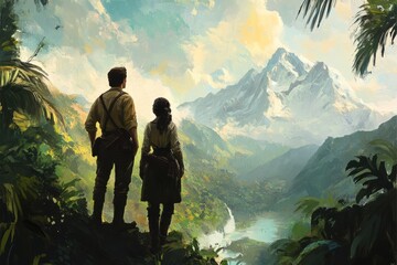 a man and a woman standing in a jungle looking at mountains, travel, wanderlust, explorer, adventure 