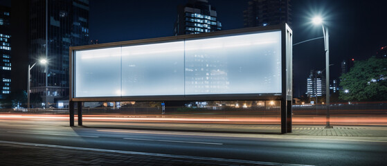 A blank advertisement billboard with light trails moving downwards, set against a night backdrop.

