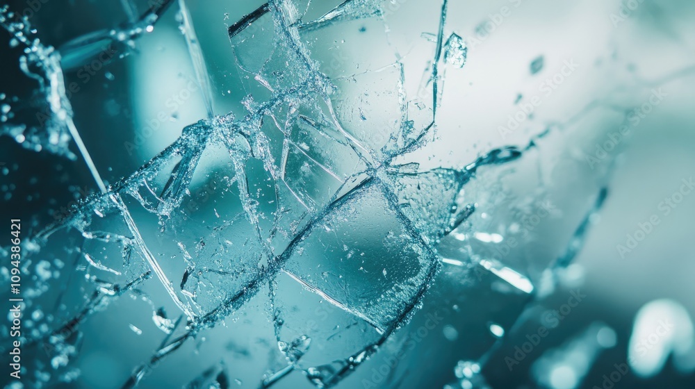 Aufkleber close-up of shattered glass fragments with sparkling droplets, creating an artistic and dynamic visu