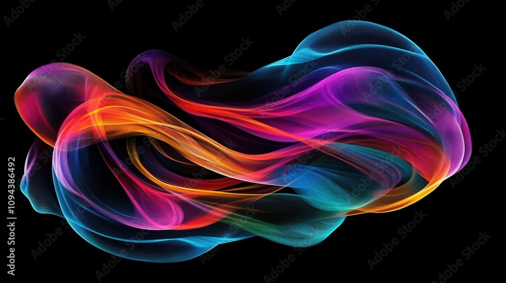 Poster a vibrant abstract design showcasing flowing colors and dynamic shapes against a black background.
