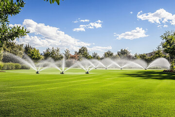 Automatic sprinkler system watering green grass on golf course on sunny day