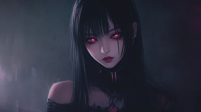 An anime style girl with a dark black gothic style background wallpaper AI generated image