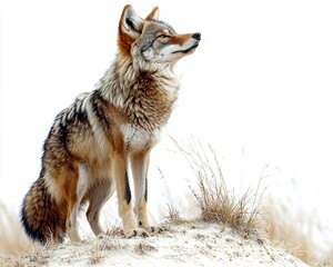 Obraz premium Coyote Howling on Barren Hill with Dry Ground and Clean White Backdrop