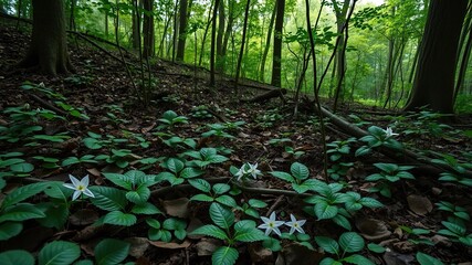 Forest floor with wood sorrel wild ginger and other woodland plants in a shaded glade, nature's beauty, wood sorrel, shaded area