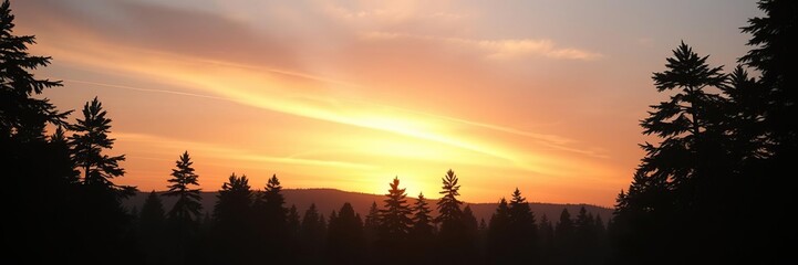 Forest landscape with multiple tree silhouettes against sunset, horizon, peaceful, sky
