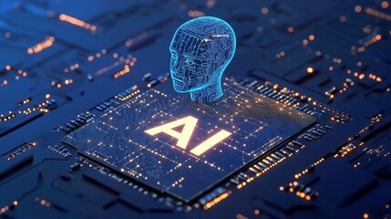 Futuristic ai concept with digital human head over circuitry background.