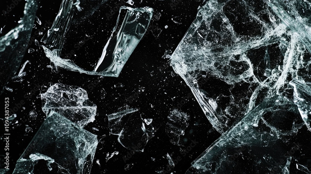 Aufkleber scattered shards of broken glass on a dark background, creating a dramatic and chaotic visual effect