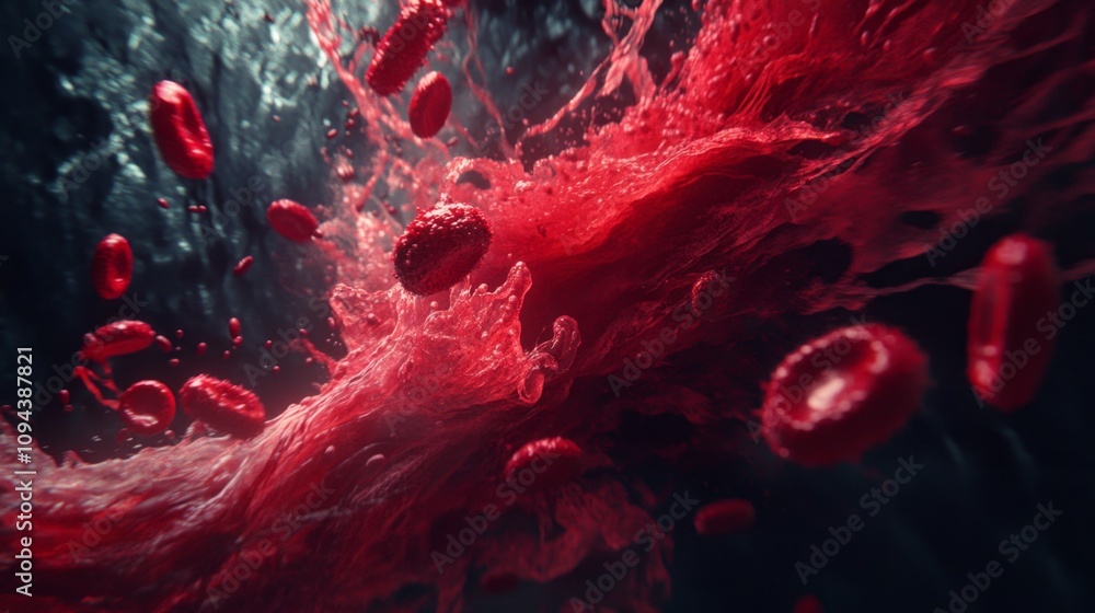 Poster dynamic red fluid motion underwater scene abstract art dark environment close-up view visual impact 
