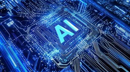 Futuristic ai circuit board with glowing blue light patterns.