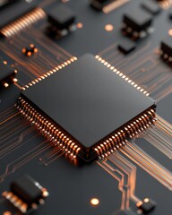 A close-up view of a black microchip on a circuit board, showcasing intricate circuitry and connections.