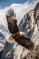 Fototapeta premium Photograph an eagle soaring high above a rugged mountain range