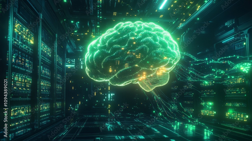 Poster exploring the intersection of artificial intelligence and neural networks in a futuristic data cente