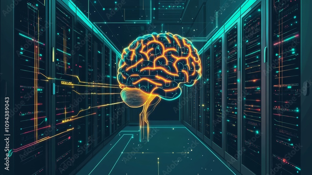 Poster exploring artificial intelligence connections data center digital art futuristic environment high-te