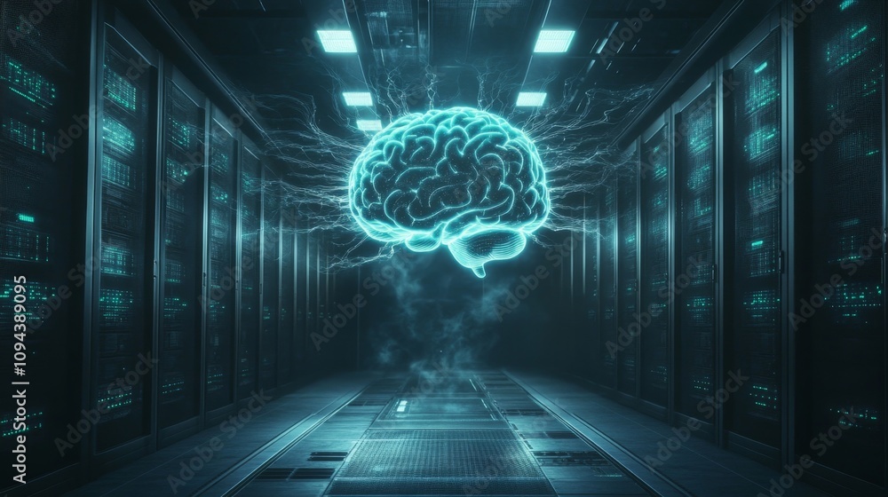 Poster technological advancement digital brain visualization in data center digital art futuristic environm