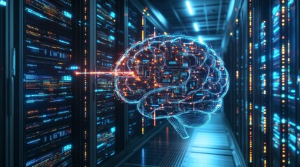 Ai brain concept visualization data center digital art high-tech environment futuristic viewpoint innovation and technology impact