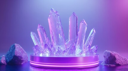 Vibrant crystal cluster with illuminated base, showcasing striking clear and purple hues, creating an enchanting visual display.