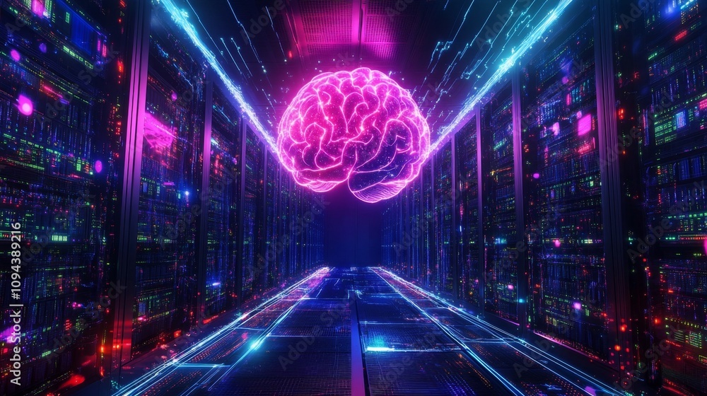 Poster innovative brain visualization in a high-tech data center digital art environment futuristic concept