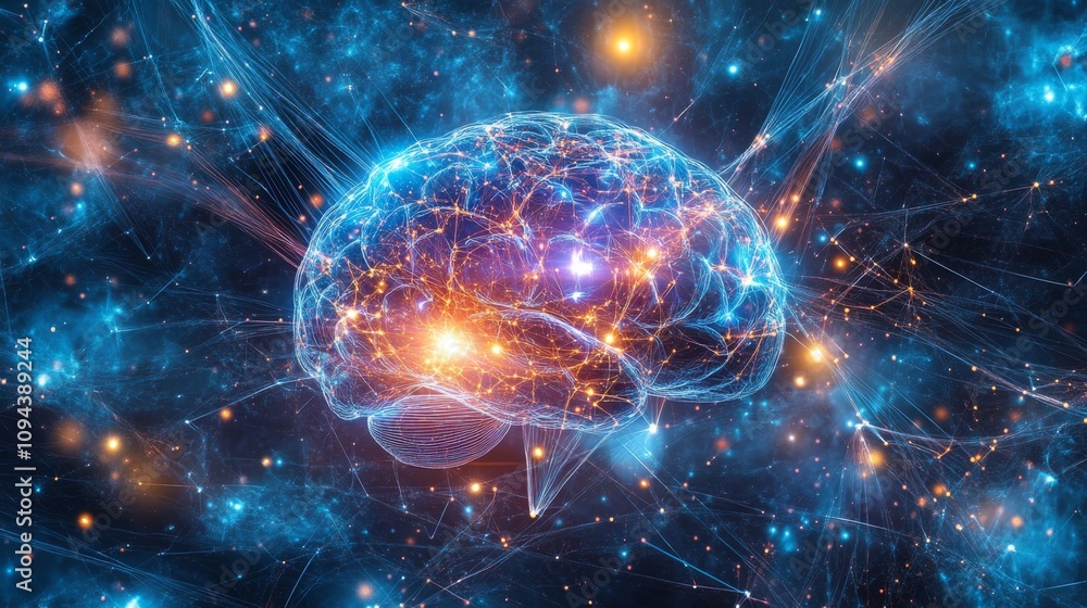 Poster exploring the intricacies of the human brain neural activity visualization digital art cosmic settin