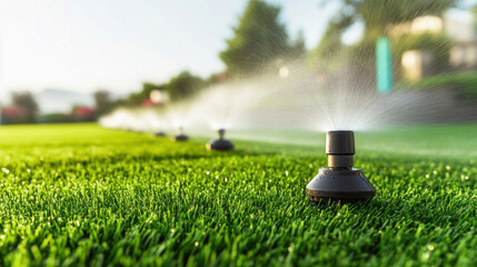 Automatic sprinkler watering green grass on golf course or football field