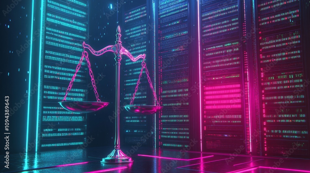 Poster digital justice balancing scales of law in a futuristic data center environment with neon aesthetics