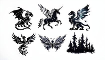 Fototapeta premium Set of 6 chalk icons of dragon, unicorn, griffin, phoenix, fairy wings, enchanted forest