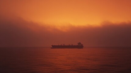 Obraz premium Majestic Sunset Silhouette of a Cargo Ship at Sea