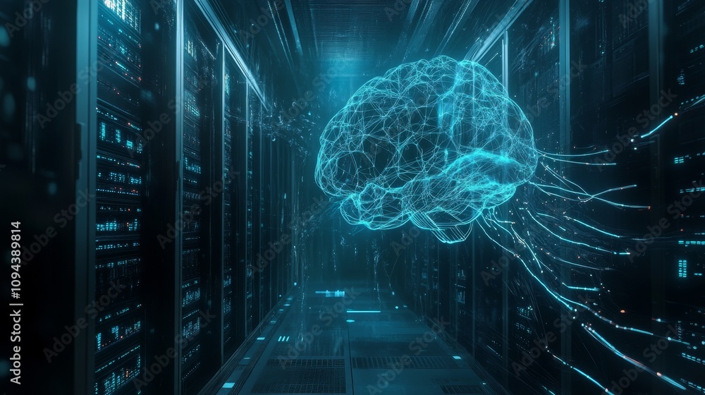 Poster exploring the intersection of technology and neuroscience ai brain visualization in data centers dig