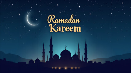Ramadan Kareem Night Sky Mosque Silhouette. Concept of Islamic Holy Month.