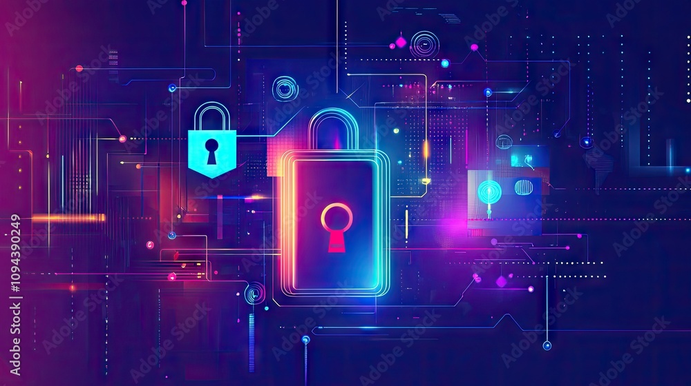 Poster colorful digital locks representing cybersecurity and data protection concepts.