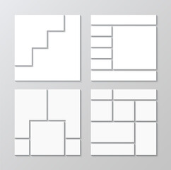 Collage templates set. Organised portfolio. Collection layout of photo moodboard. Mosaic pictures geometric frames. Mood board grid. Album brandboard. Gallery banner. Vector illustration