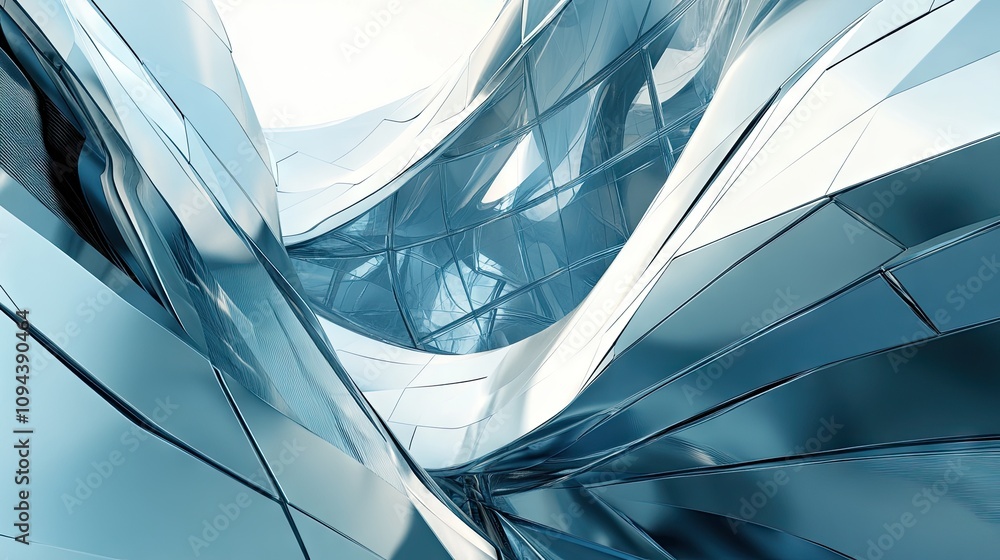 Poster abstract futuristic architecture with flowing metallic curves and reflective surfaces.