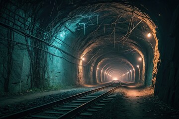 Glowing fibers weaving through a darkened tunnel creating an eerie glow, glowing pathway, glowing...