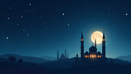 Obraz premium Mosque at night with full moon. Ramadan Kareem concept.