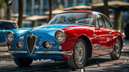 Classic red vintage car on city street