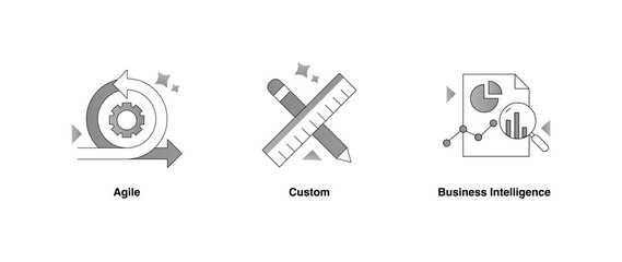 Agile development, custom solutions, and business intelligence Icons. Agile, Custom, and Business Intelligence Solutions. Vector Editable Stroke and Colors.