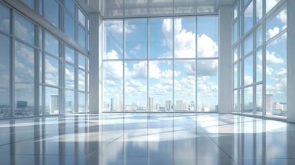 Bright and airy empty office space with large glass windows offering a stunning skyline view.