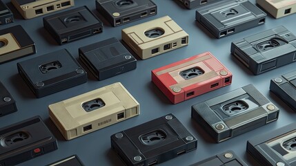 Fototapeta premium A vibrant collection of vintage cassette tapes in various colors, showcasing nostalgia and retro music culture.