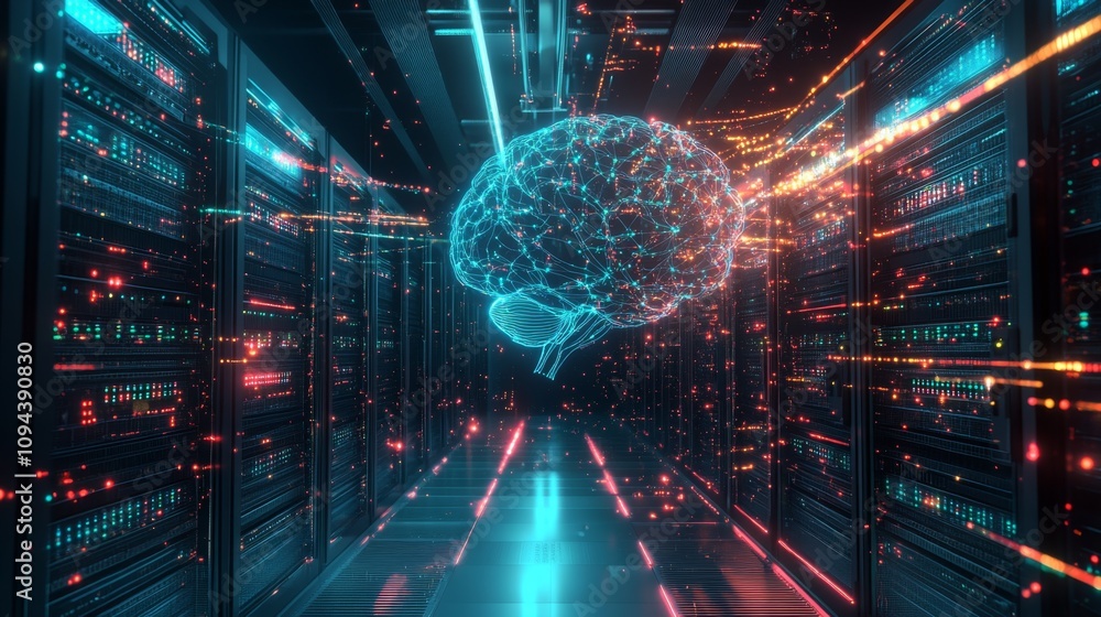Poster exploring neural networks in data centers virtual environment digital art technology futuristic conc